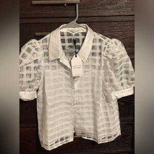 english factory white window pane short sleeve blouse size medium NWT